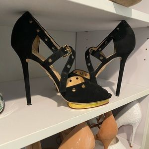 Charlette Olympia black suede and gold